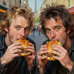 beautiful lifelike painting of grave jones and johnny rotten eating burgers in france, hyperreal detailed facial features and uv lighting, art by ed roth and basil wolverton