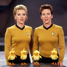 Scarlett Johansson and Tribbles in a scene from Star Trek, analog