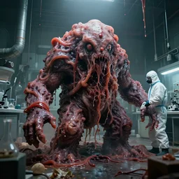 a massive gelatinous flesh creature grows out of control in a grungy science lab, horror movie scene, a man in a hazmat suit