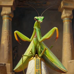 a closer hero portrait of a live anthropomorphic praying mantis as a temple guard in old egypt. masterpiece, dramatic light and shadow, saturated colors, ciaroscuro. painted by anders zorn