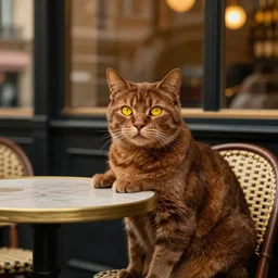 brown cat with yellow eyes is sitting at table in a cafe at paris in early 2 0 th century. atmospheric feeling, warm colours, brown colours, yellow colours, epic scene, cinematic, very detailed, unreal engine render