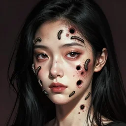 portrait of a woman with long black hair and dozens of grubs on her face, coming out of holes in her skin, trypophobia, horror art, dramatic lighting, illustration by Greg rutkowski, yoji shinkawa, 4k, digital art, concept art, trending on artstation