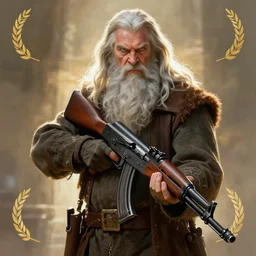 Gandalf with an ak47, looking threatening, well lit, digital art, virtuosic painting, award winning, high quality, visual, sharp, backlit, gorgeous lighting