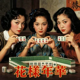 vintage Hong Kong 60s movie poster, 3 young and beautiful women, symmetrical faces, with hands holding Chinese Mahjong block tiles, facing to audience, painted by Vermeer, Kerry James Marshall and Norman Rockwell, dramatic cinematic lighting by Wong Kar Wei, Stanley Kubricks, hyper realism, ultra realistic, 4K, highly detailed, trending on art station, in the mood for love aesthetic, with Chinese title, 花樣年華