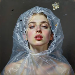 fine art portrait oil painting of a beautiful woman with garbage flying into her face, wearing a plastic garbage bag, perspective, ultra detailed, elegant, intricate, dynamic lighting, hyperrealism, sharp focus, art by peter mohrbacher and tom bagshaw and andrei riabovitchev