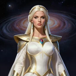 portrait of the powerful empress of the solar system in the style of boris vallejo and in the style of edmund blair leighton. glowing, ornate and intricate linework, sharp focus, depth of field, stunning, dynamic lighting, ultrafine and hyperdetailed.