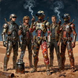 junkys in desert stand in oil pound and smoking cigarette, cybertronic gadgets and vr helmet, flesh + technology, durty colours, night, rotten textures, rusty shapes, biotechnology, bao phan, norman rockwell, tim hildebrandt, wayne barlow, bruce pennington, larry elmore, oil on canvas, deep depth field, masterpiece, cinematic composition, hyper - detailed, hd, hdr