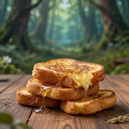 5 5 mm photo of a pile of freshly fished french toast on a wooden table in a magical forest. dof. bokeh. magical atmosphere. art by greg rutkowski. highly detailed 8 k. intricate. lifelike. soft light. nikon d 8 5 0.