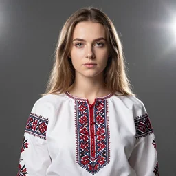 sasha grey, ukrainian national clothes, embroidered shirt, portrait of young woman, 8 k ultra realistic, lens flare, atmosphere, glow, detailed, intricate, full of colour, led lighting, 4 k, hyperrealistic, focused, extreme details, unreal engine 5, masterpiece
