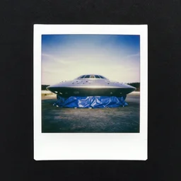 polaroid of a ufo covered by a blue tarp