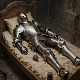 a beautiful composition detailed photograph of a dead poisoned armored knight paladin lying in a wooden bed in a cell in a dungeon. strong knight. wooden bed. a rat looking the corpse