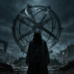 a mysterious hooded man with face shrouded in darkness standing before the ruin of an enormous armillary sphere, dark and forboding, concept art