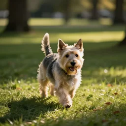a happy cairn terrier walking around a park