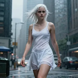 blade runner 2 0 4 9, amazing wet white hair emma watson with white hair blowing in the wind, white dress, very hot, rain, sci - fi girl on the city, skyscrapers, cute face, athletic body, full body view, amazing art, fantasy art, highly detailed, wet clothes