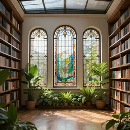 library interior::2 stained glass windows::1.1 bookshelf, sunroom, plants, wide shot, hyperrealistic, volumetric lighting cinematic shot, octane rendering, highly detailed