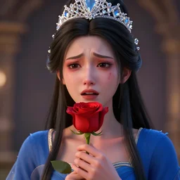 detailed upper portrait of a goddess with face in distress holding a red rose, wearing a blue robe, with a glass tiara with diamonds on her head, overly expressive, octane render, unreal engine, 3 d render, amazing, gorgeous, fantastic, marvellous