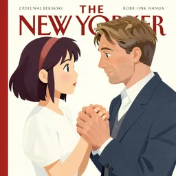 close up portrait of Mads Mikkelsen and Hugh Dancy holding hands romantically as they chaperone school dance by ((Zdzislaw Beksinski)), Michael Whelan, Bob Larkin and Tomer Hanuka, simple illustration, domestic, nostalgic, clean,  by Makoto Shinkai and thomas kinkade, Matte painting, trending on artstation and unreal engine, New Yorker magazine cover