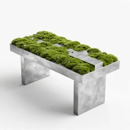 a modern table made of rectangle tetris, made of silver steel and moss, octane render, trending on artstation, white backround