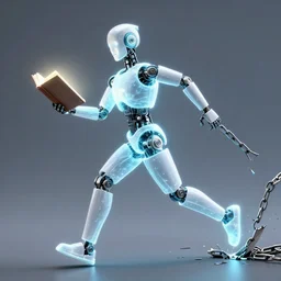 running glowing robotic humanoid holding glowing book, dragging broken chains
