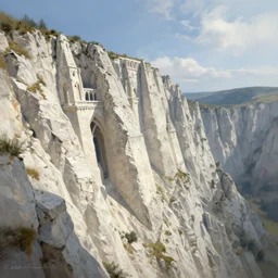 flying buttresses made out of white stone on the edge of a cliff, trending on artstation, stunning painting by Charles Sheer