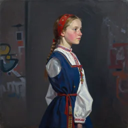 greg manchess portrait painting of young norwegian girl in traditional costume as overwatch character, totally whack, medium shot, asymmetrical, profile picture, organic painting, dark moody, matte painting, bold shapes, hard edges, street art, trending on artstation, by huang guangjian and gil elvgren and sachin teng