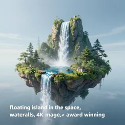 “floating island in the space, with a waterfalls, 4k image, award winning”