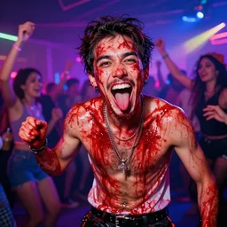 goofy covered in blood in a dance rave, neon coloring, digital art, highly detailed