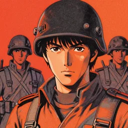 ww 2 soldiers, risograph grainy drawing vintage sci - fi, satoshi kon color palette,, vermilion - orange and black - grey palettes, codex seraphinianus painting by moebius and satoshi kon and dirk dzimirsky close - up portrait