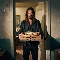 photo of jared leto standing in a doorway delivering a pizza with fish on top
