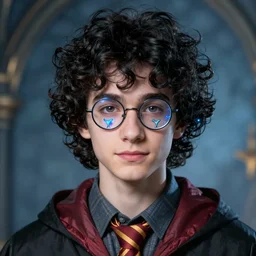 close - ip shot, character portrait, a seventeen years old male!! ravenclaw wizard with black curly hair, wearing browline!! glasses!!! with a mandrake!!!, blue shiny lighting, beautiful fantasy art, film still, by artgerm and hayao miyazaki, by rutkowsky, trending on artstation