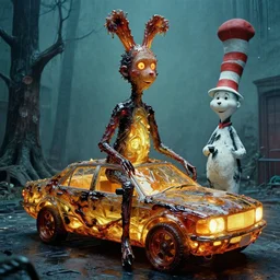 the strange creature, they sell cars, made of glowing oil, film still from the movie directed by christopher nolan and david cronenberg with art direction by zdzisław beksinski and dr. seuss