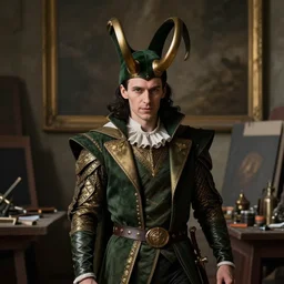 “portrait of Loki as a medieval jester, royal painting studio lighting hyperreal photograph ”