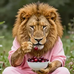 a lion wearing a pink costume and eating a bowl of cherries