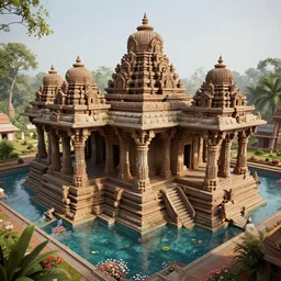 4 k unreal engine render of an ancient never seen before indian high detail temple. complex architecture with intricate pilars. high detailed water. flowers. overview, trending on artstation