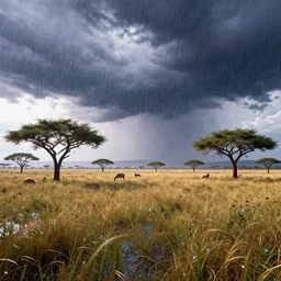 distant cyberpunk wildlife on the african plains, long grass, acacia trees, sparkling water, glistening, dramatic clouds, heavy rain, extreme weather, hyper realistic, hyper detailed, digital art, trending in artstation, cinematic lighting, vibrant, studio quality, smooth render, unreal engine 5 rendered, octane rendered, by wlop, paul lehr