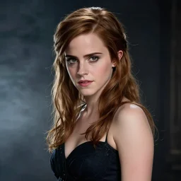 Triss Merigold cosplay by Emma Watson, seductive gaze, 8k, professional photography, cinematic studio shot, dark, smoke