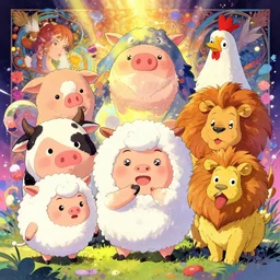 a vibrant emotional comic page scan of cute fluffy xenomorphic cow pig sheep chicken lion, studio ghibli, pixar and disney animation, sharp, disney concept art maximalist splatter paint illustration by shinji kimura and alphonse mucha and alena aenami, pastel color palette, bloom!!, dramatic lighting