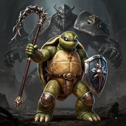 turtle hero, no armor, d & d fighter, war hammer, whip, shield, nordic warrior, dark souls boss, powerful male character from warcraft, character portrait, trading card game art, perfectly shaded, extremely detailed, matte, artstation, volumetric lighting, 8 k, game cover art, sharp focus, anatomically correct!!, dark fantasy, by frank frazetta and art