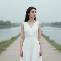 a beautiful woman looking to the right side wearing a white dress, river in the background, serene scene, soft lighting, complementary colors, anatomically correct, five fingers, matte painting, centered, symmetrical, low contrast, heaven, path traced, highly detailed, high quality, 4 k, hyperrealistic, soft colors, beautiful landscape, realistic and defined face, by ruan jia