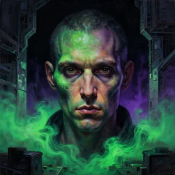 a close - up view portrait of a beat producer, brutalist dock halls with green alien fog, close - up view, detailed textures. glowing green purple fog, dark black background., highly detailed fantasy science fiction painting by moebius, norman rockwell, frank frazetta, and syd mead. rich colors, high contrast