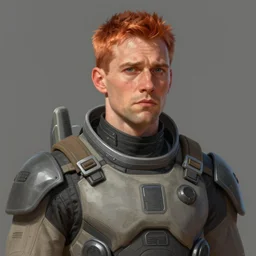 Portrait of a man by Greg Rutkowski, he is about 40 years old, short copper hair, attractive, military composure, younger brother vibes, expression of sorrow and disbelief, he is wearing futuristic space tactical suit, highly detailed portrait, digital painting, artstation, concept art, smooth, sharp foccus ilustration, Artstation HQ.