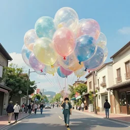 giant floating balloon parade, shiny like translucent plastic, in an empty street, by studio ghibli and james jean and edward hopper