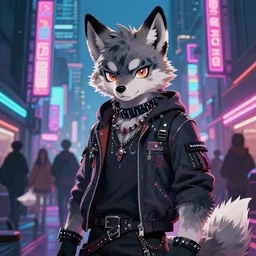 beautiful furry digital art portrait commission of an androgynous furry anthro wolf fursona wearing punk clothes in the streets of a cyberpunk city. neon signs. character design by skeleion, thanshuhai, zaush, imalou, rick griffin, tessgarman, angiewolf, fa, furraffinity