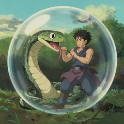unrealistic studio ghibli dull colors action shot from close encounters of the third kind 1 9 7 7 of a snake swallowing a warrior in a snake bubble.
