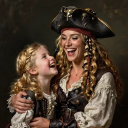 laughing, teasing, beautiful, intelligent, blonde female pirate captain 2 8 years old, 1 9 3 0 s haircut, fully clothed, wise, beautiful, 1 7 5 0 s oil painting, dramatic lighting, trending on artstation, sharp focus