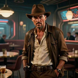 a high quality portrait of Indiana Jones in a cyberpunk cyberpunk cyberpunk cafe, realism, 8k, award winning photo
