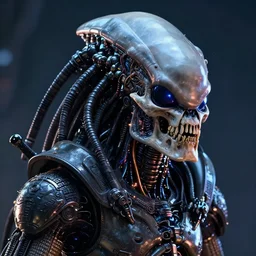 futuristic cyberpunbk alien portrait, alien vs predator, mechanical internals, exposed wire sparks, hyper realistic shiny textures, 8 k, skull, cyberpunk, intricate details, fluorescent glow, science fiction space horror, unreal engine, dark, heavy shading, depth of field