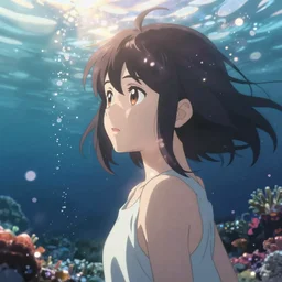 double exposure anime girl underwater reef sparkling bokeh, in the style of makoto shinkai and leiji matsumoto