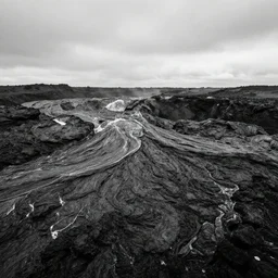 an ocean of lava, wide shot, black and white