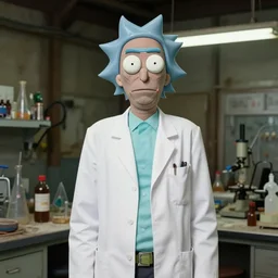 portrait photo still of real life rick sanchez, white labcoat, science laboratory in filthy garage, 8 k, 8 5 mm f 1. 8